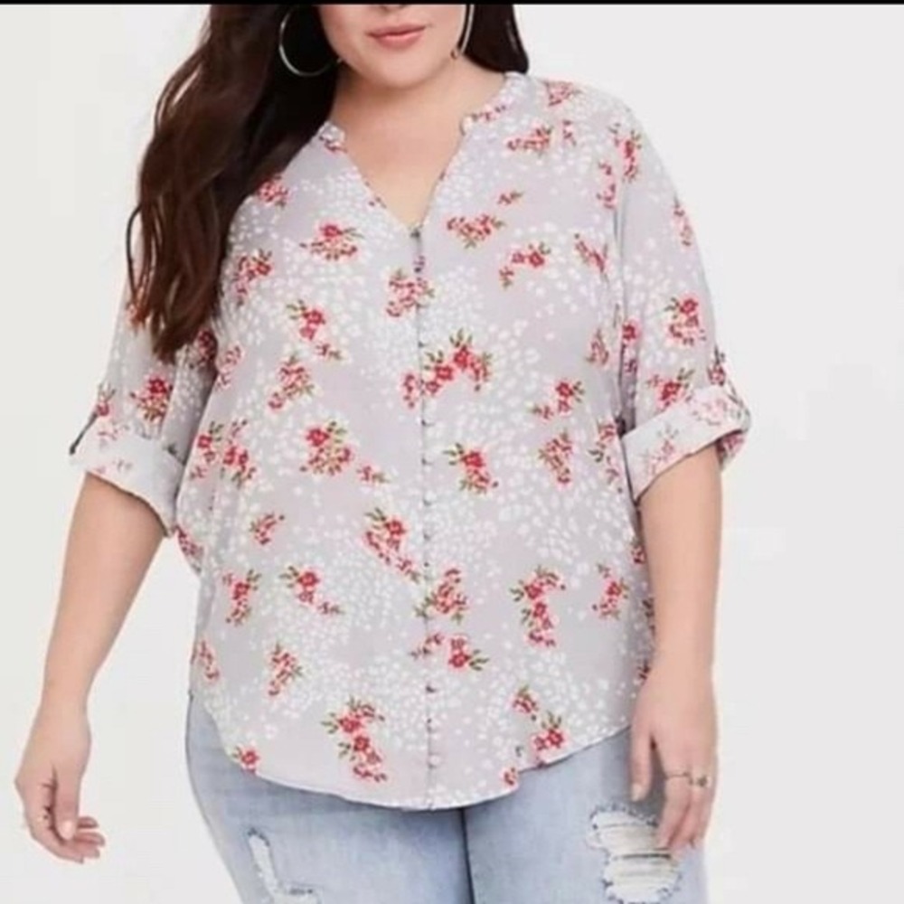 Torrid Harper Blouse Women's Sz 1 Grey Floral Roll Up Sleeve Pullover 14/16